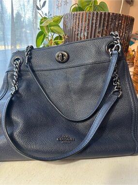 Coach Turnlock Edie Navy Pebbled Leather Shoulder Bag with Chain Handles